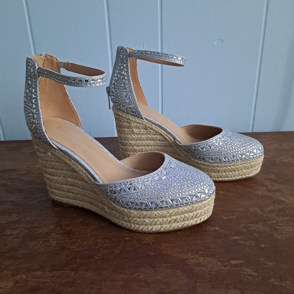 Thalia Sodi Embellished Silver Jeweled Espadrilles Wedges